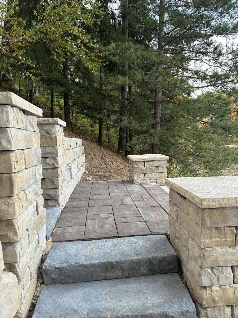 Greener Grounds Lanscape brick and stone steps, columns, and walls.