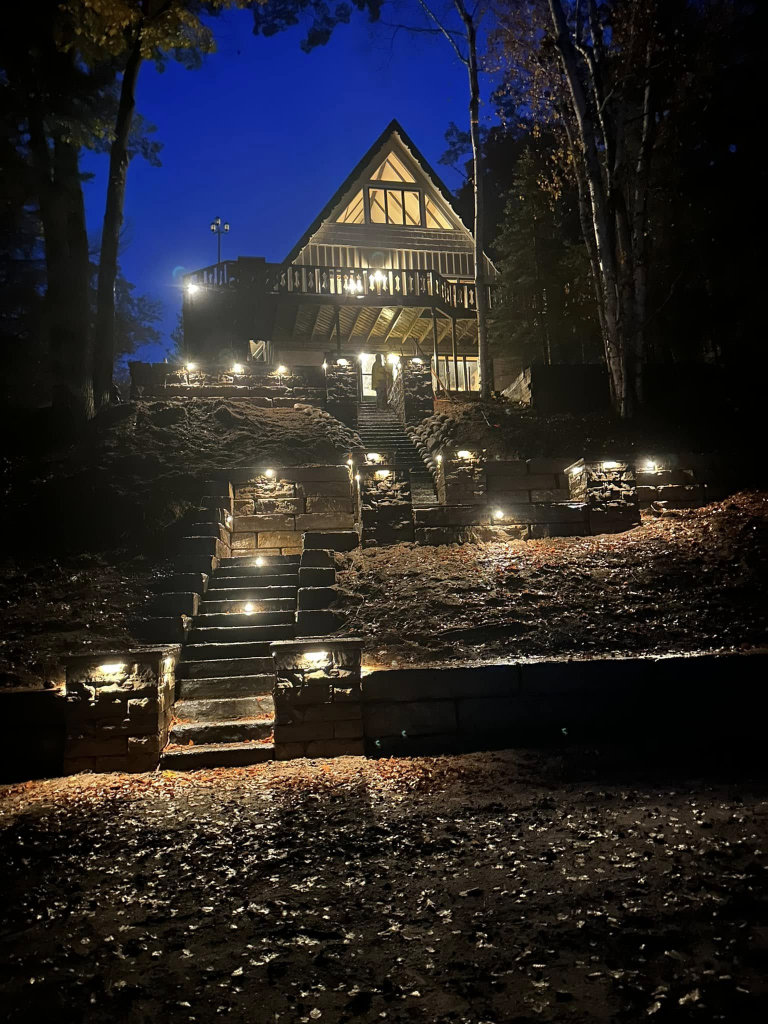 Greener Grounds Lanscape brick and stone steps, columns, walls, and lighting.