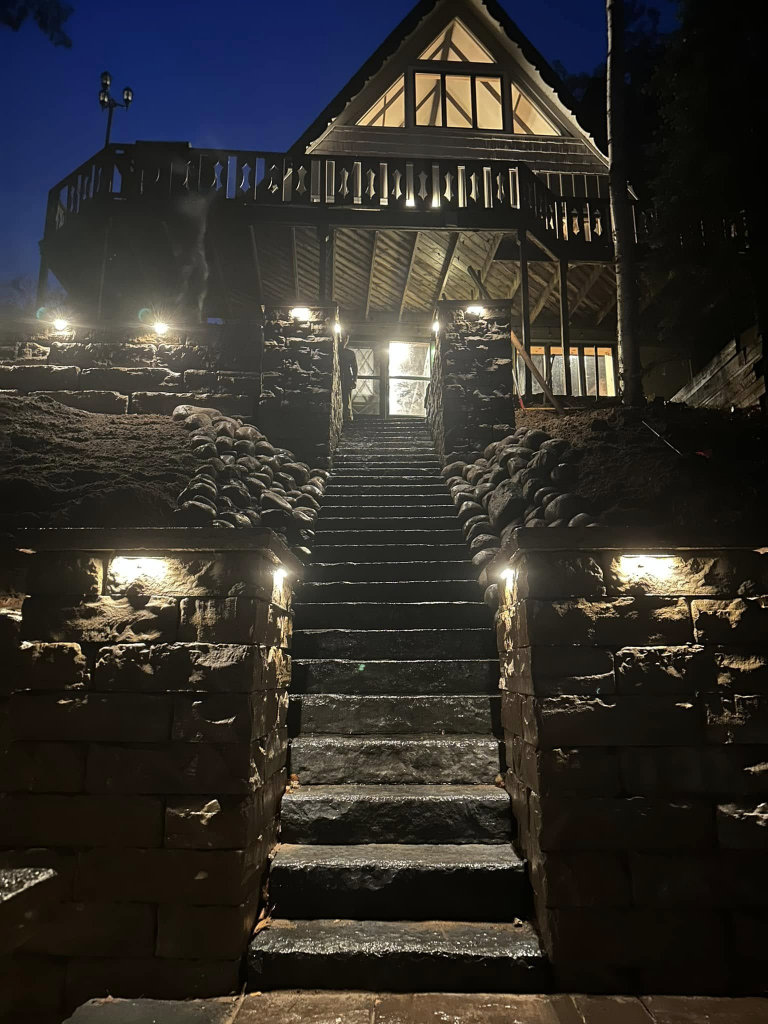Greener Grounds Lanscape brick and stone steps, columns, walls, and lighting.